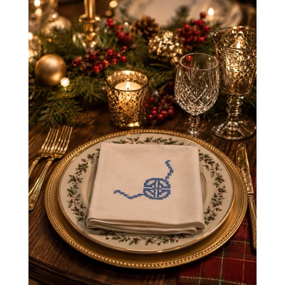 Vintage Hand Embroidered Linen Napkins Set 8 Blue Monogram Cross Stitch USA